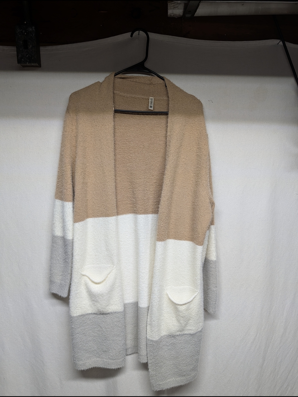 Women's Colorblock Open-Front Cardigan - Beige/White/Light Gray
